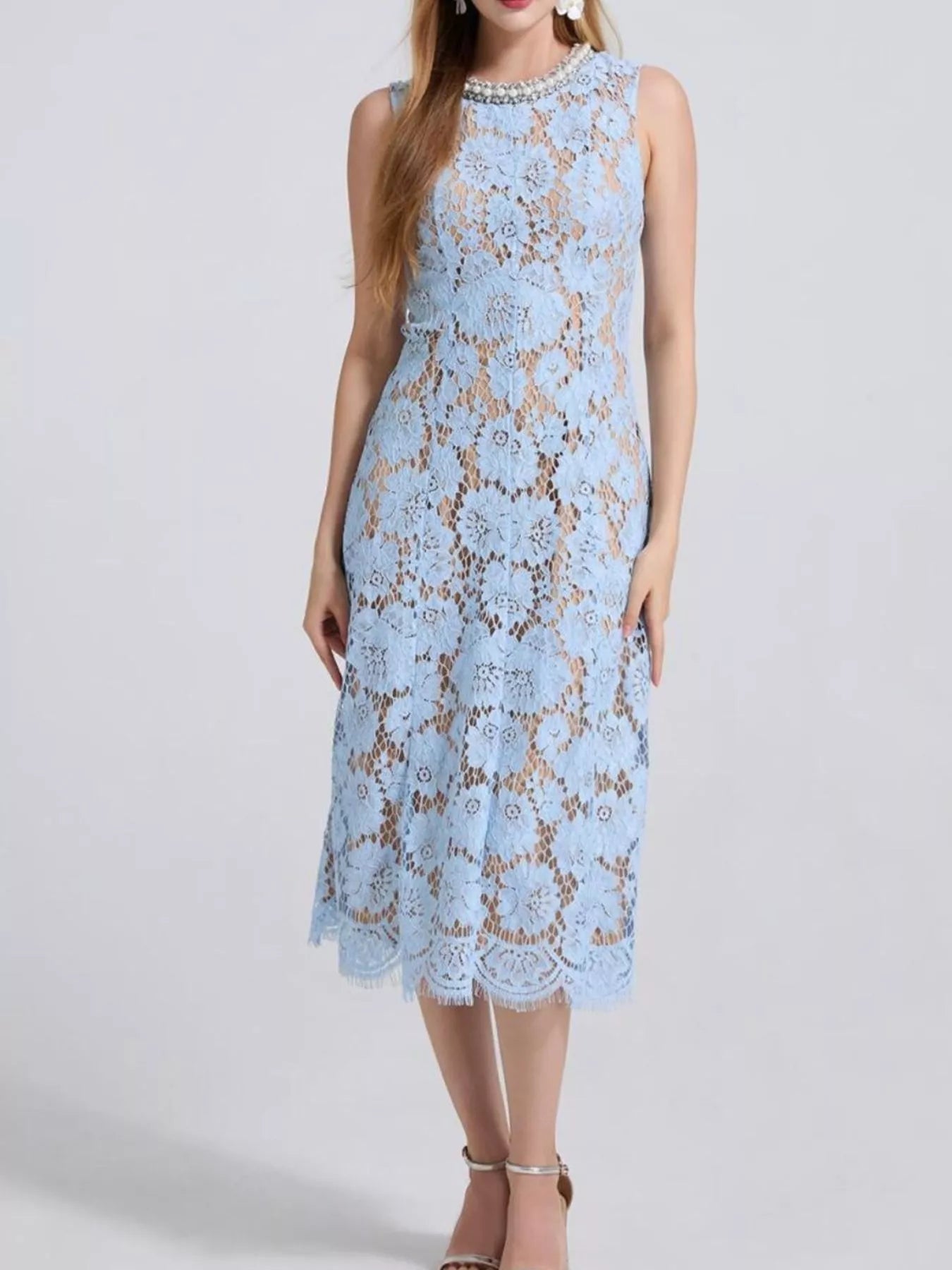 Pearl Neckline Lace Midi Dress – Sleeveless Elegant Style - Jsandiclothing.com
