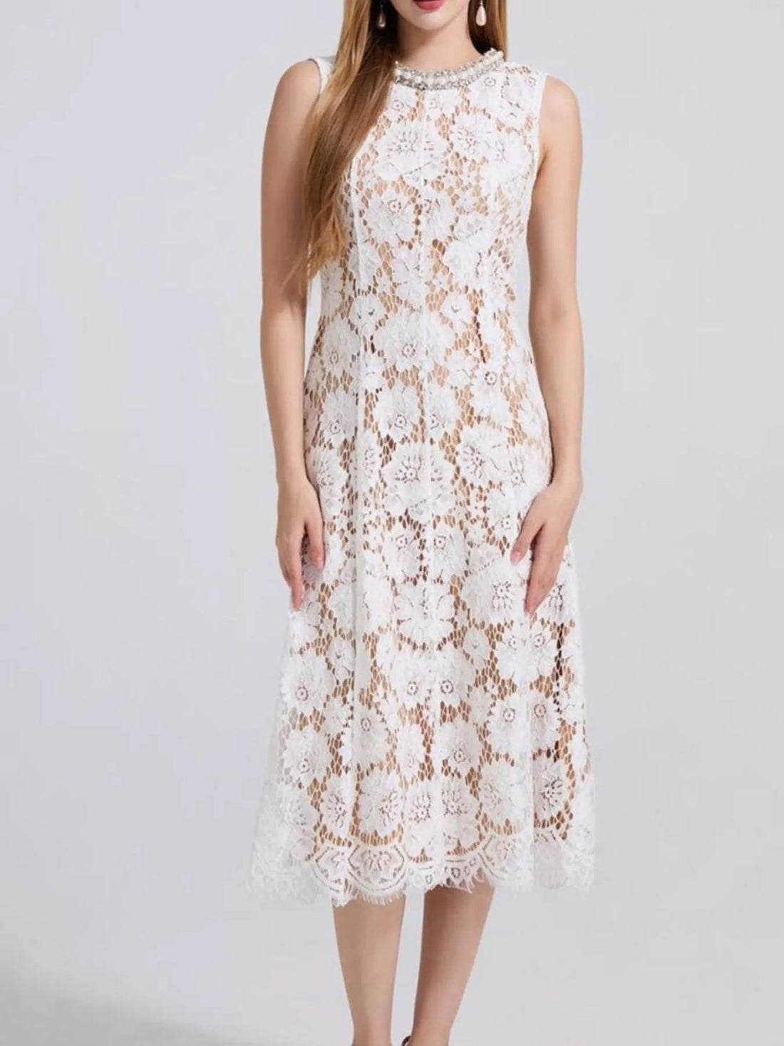 Pearl Neckline Lace Midi Dress – Sleeveless Elegant Style - Jsandiclothing.com