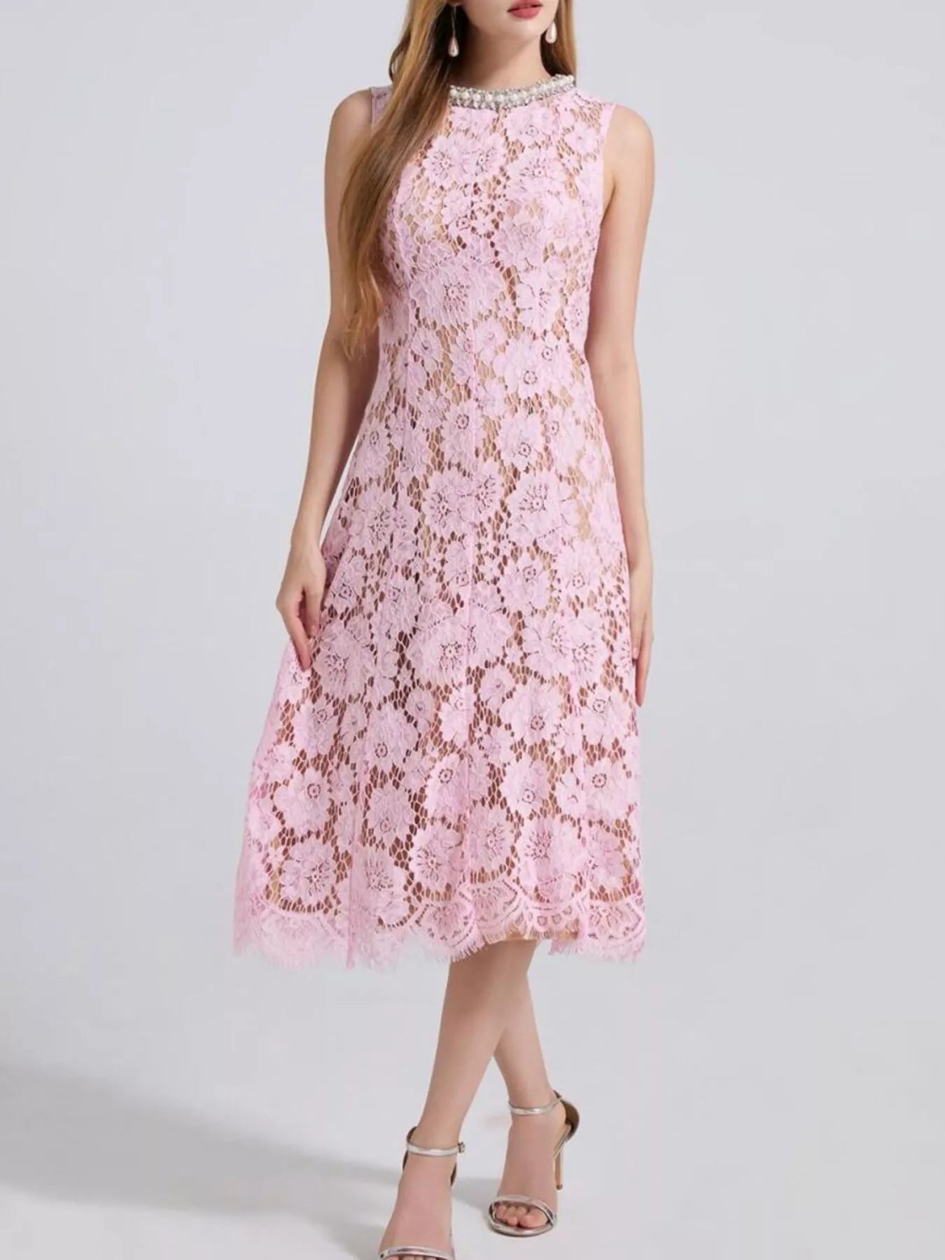 Pearl Neckline Lace Midi Dress – Sleeveless Elegant Style - Jsandiclothing.com