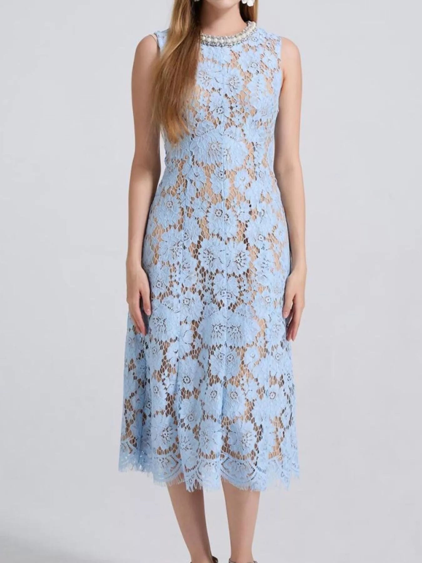 Pearl Neckline Lace Midi Dress – Sleeveless Elegant Style - Jsandiclothing.com