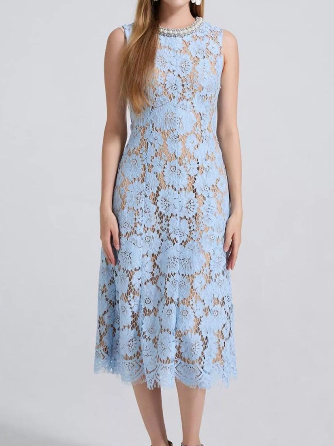 Pearl Neckline Lace Midi Dress – Sleeveless Elegant Style - Jsandiclothing.com