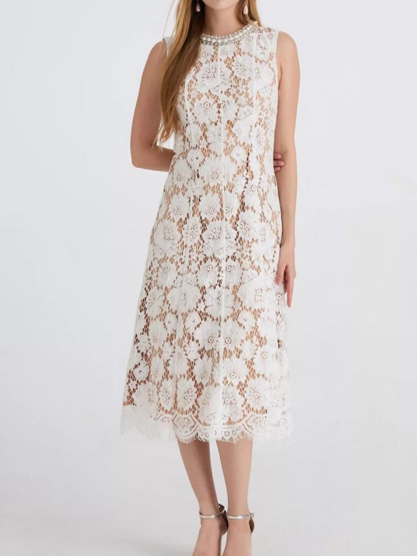 Pearl Neckline Lace Midi Dress – Sleeveless Elegant Style - Jsandiclothing.com