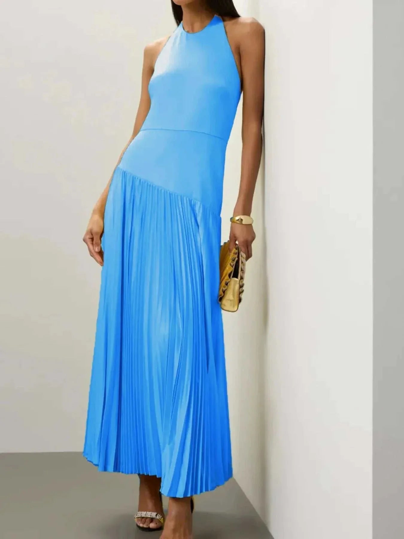 Pleated Halter Neck Maxi Dress - Elegant & Stylish| Jsandiclothing - Jsandiclothing.com