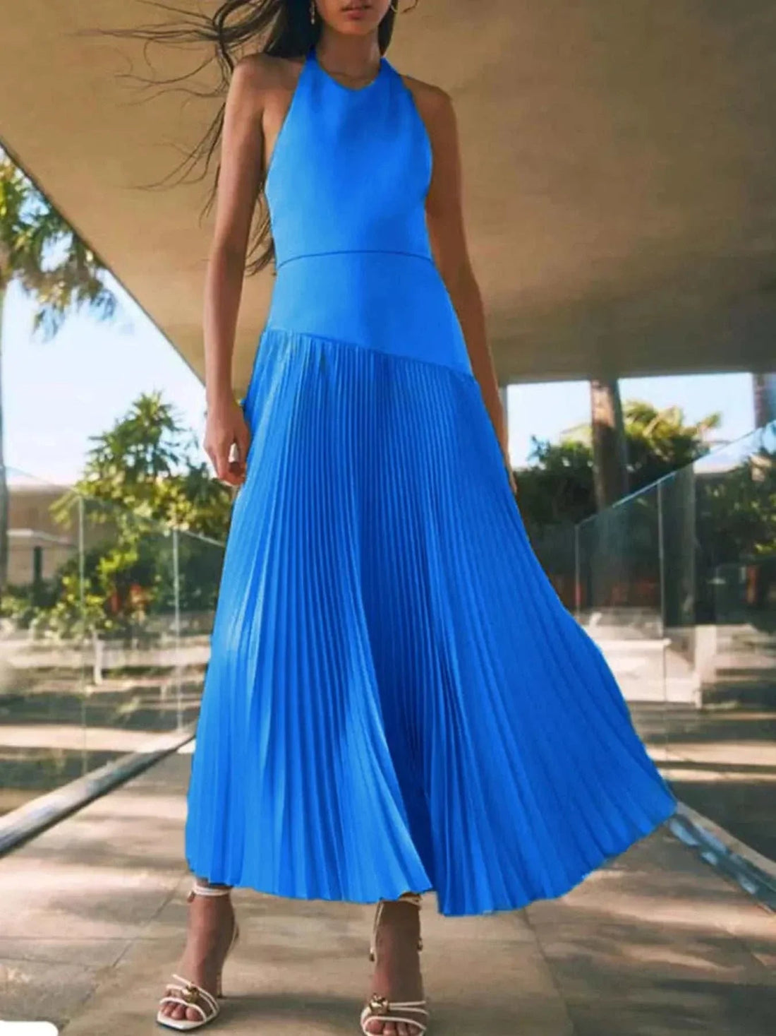 Pleated Halter Neck Maxi Dress - Elegant & Stylish| Jsandiclothing - Jsandiclothing.com