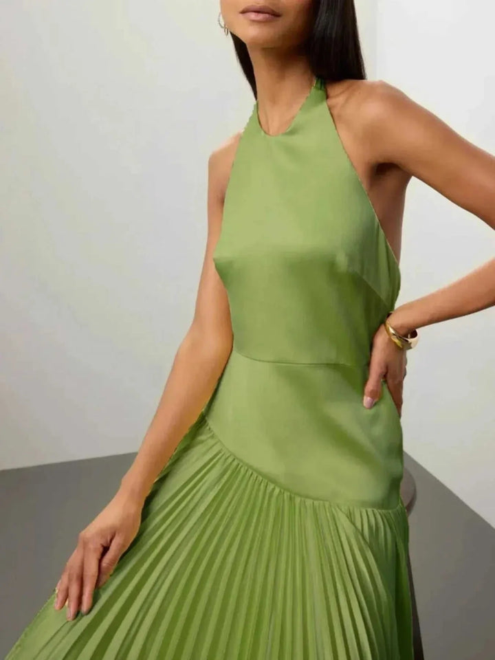 Pleated Halter Neck Maxi Dress - Elegant & Stylish| Jsandiclothing - Jsandiclothing.com