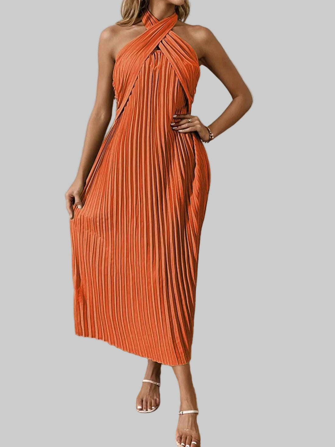 Pleated Halter Neck Midi Dress - Elegant Polyester Dress | Jsandi - Jsandiclothing.com