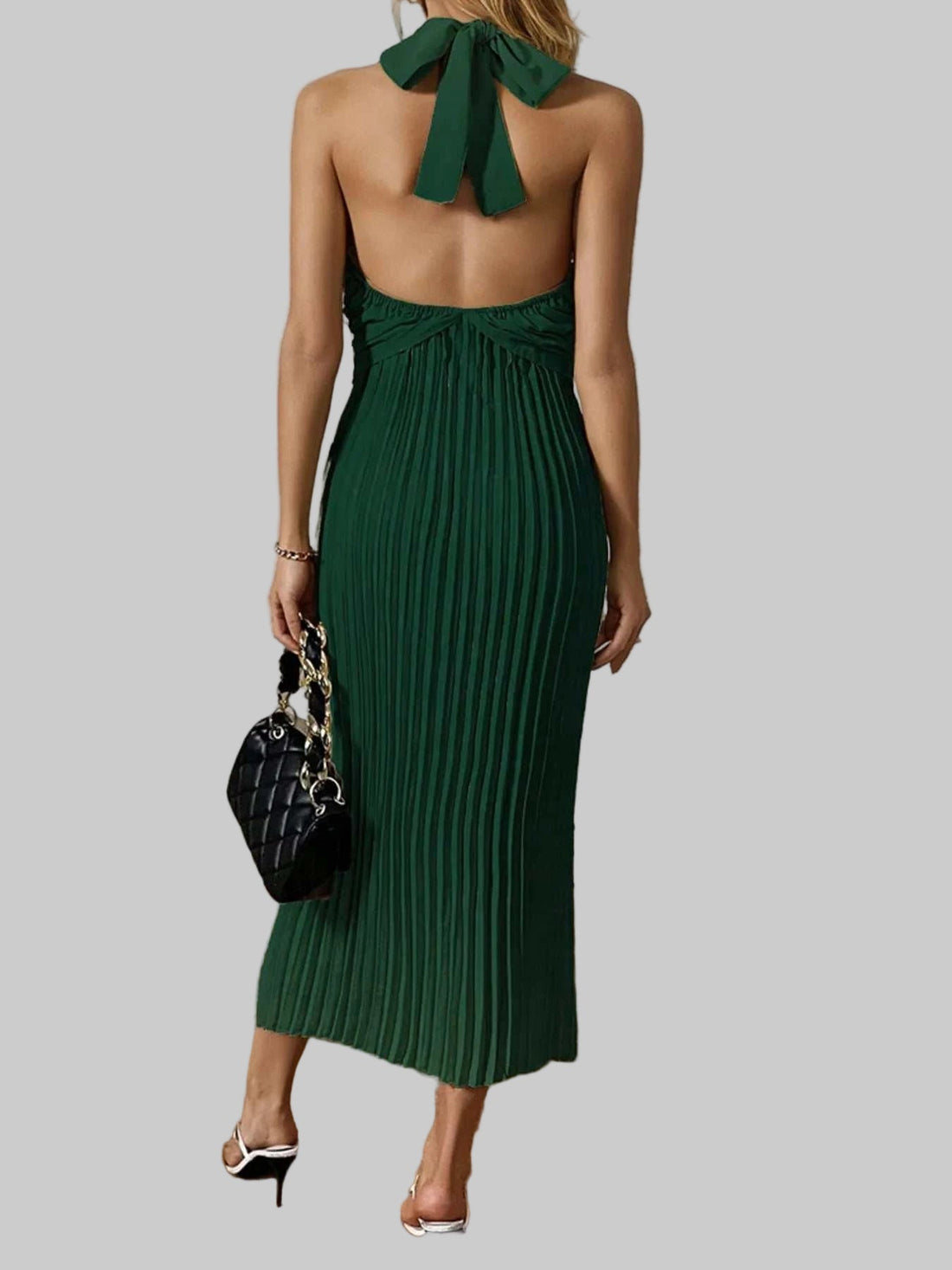 Pleated Halter Neck Midi Dress - Elegant Polyester Dress | Jsandi - Jsandiclothing.com