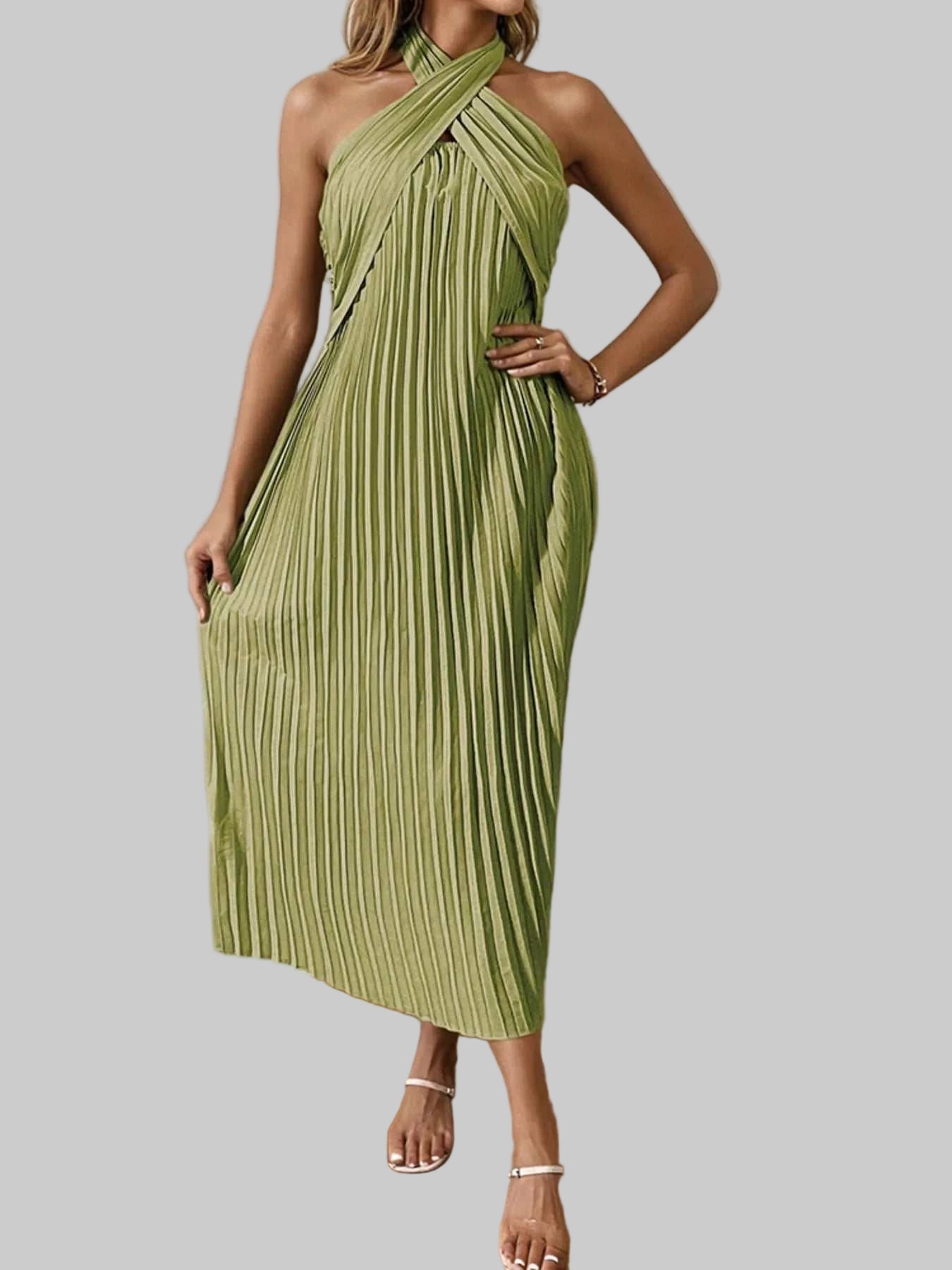 Pleated Halter Neck Midi Dress - Elegant Polyester Dress | Jsandi - Jsandiclothing.com
