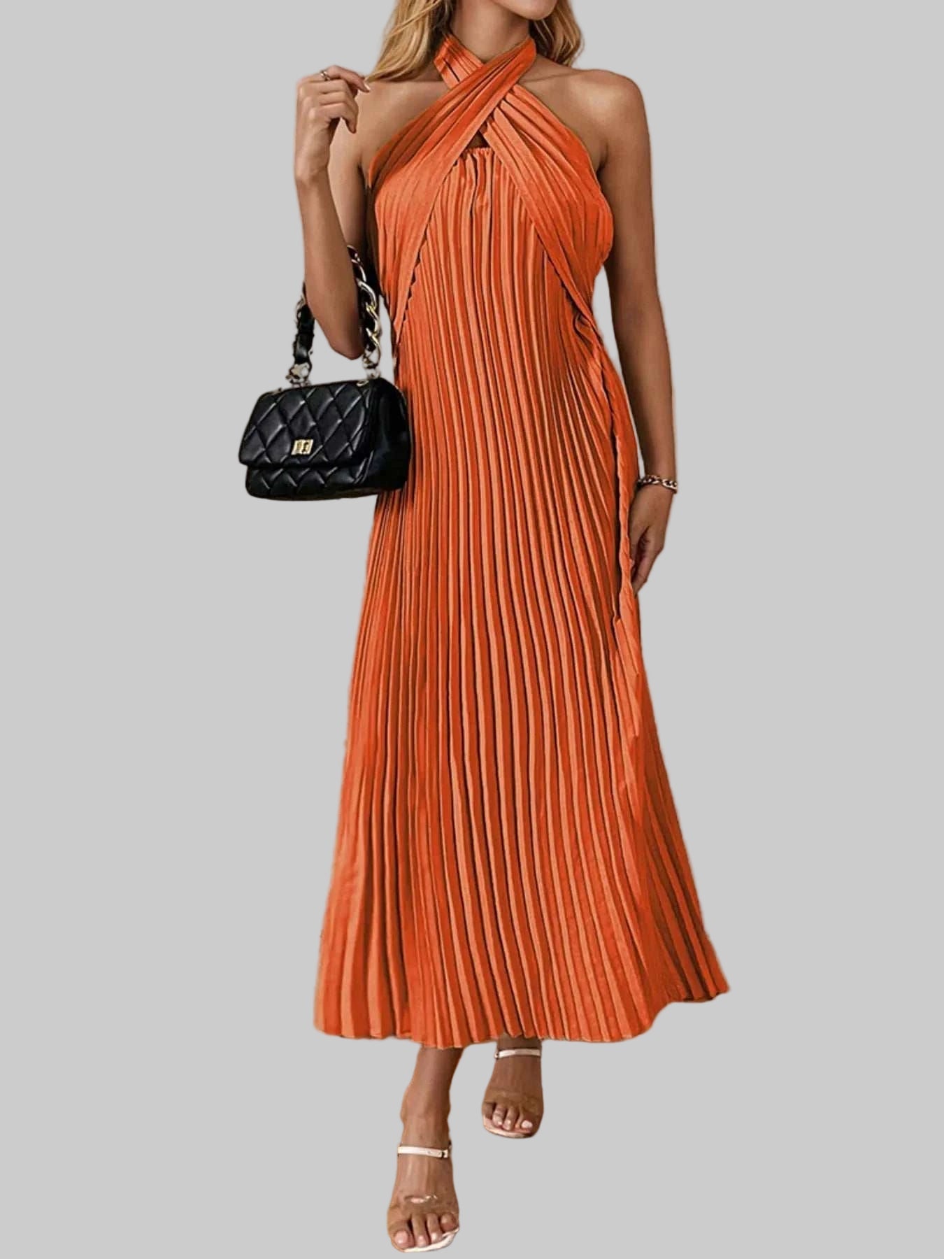 Pleated Halter Neck Midi Dress - Elegant Polyester Dress | Jsandi - Jsandiclothing.com