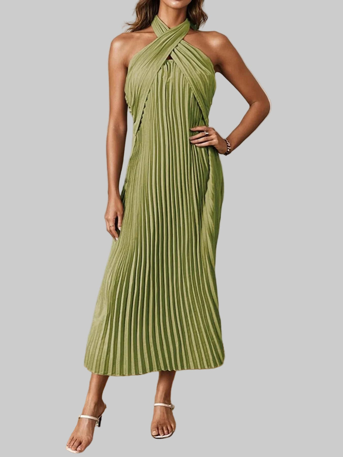 Pleated Halter Neck Midi Dress - Elegant Polyester Dress | Jsandi - Jsandiclothing.com