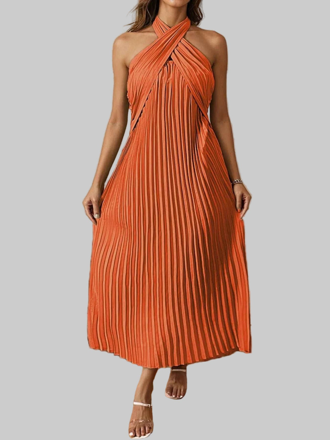 Pleated Halter Neck Midi Dress - Elegant Polyester Dress | Jsandi - Jsandiclothing.com
