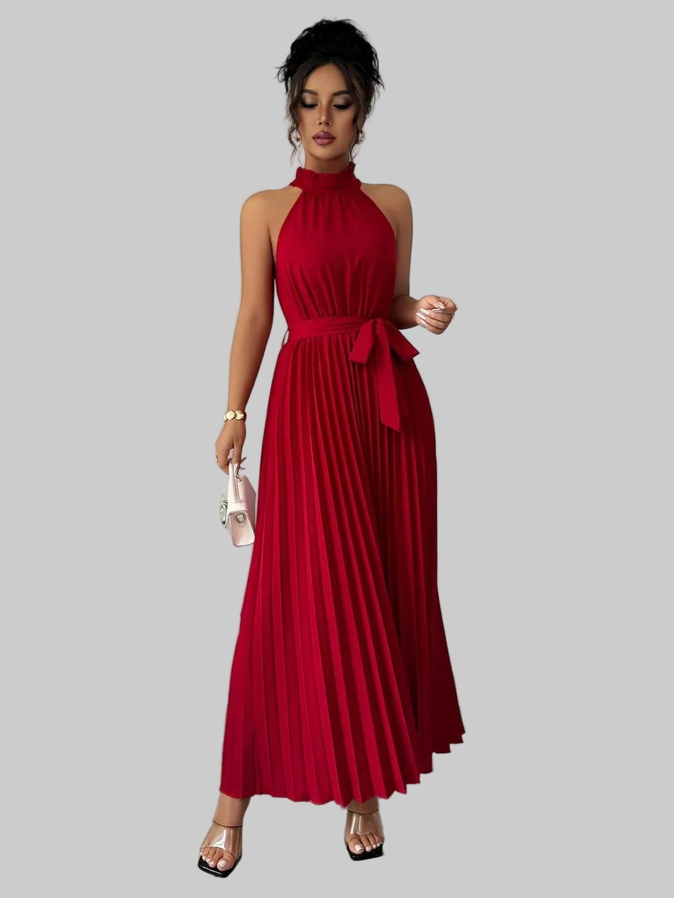 Pleated Halter Neck Tie Waist Maxi Dress| Jsandiclothing.com - Jsandiclothing.com
