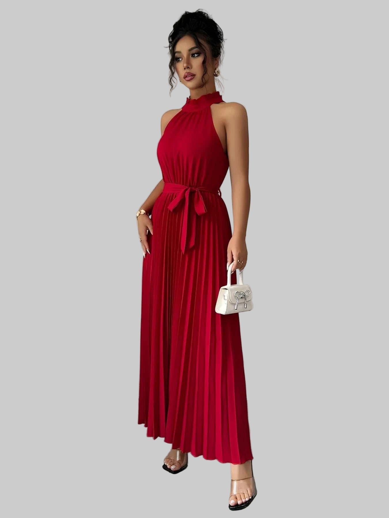 Pleated Halter Neck Tie Waist Maxi Dress| Jsandiclothing.com - Jsandiclothing.com