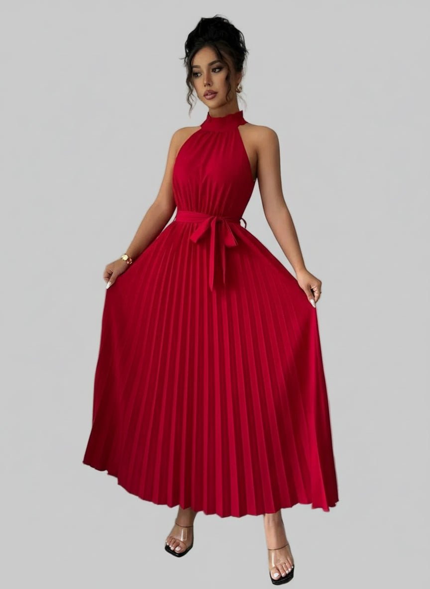 Pleated Halter Neck Tie Waist Maxi Dress| Jsandiclothing.com - Jsandiclothing.com