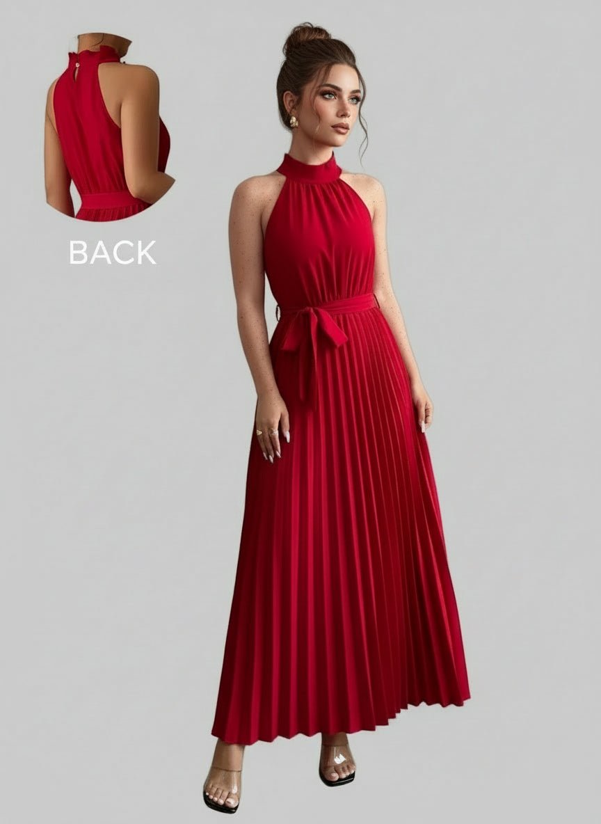 Pleated Halter Neck Tie Waist Maxi Dress| Jsandiclothing.com - Jsandiclothing.com