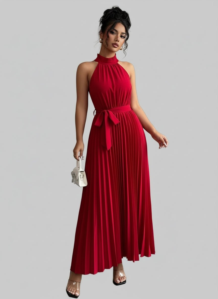 Pleated Halter Neck Tie Waist Maxi Dress| Jsandiclothing.com - Jsandiclothing.com