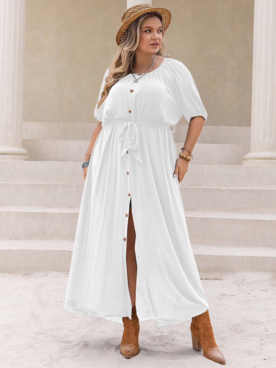 Plus Size Dress with Round Neck & Half Sleeves for Comfort and Style - Jsandiclothing.com