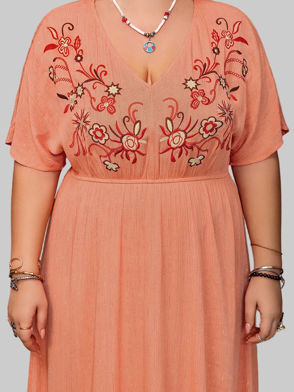 Plus Size Frill Embroidered V - Neck Half Sleeve Maxi Dress|JSandi - Jsandiclothing.com