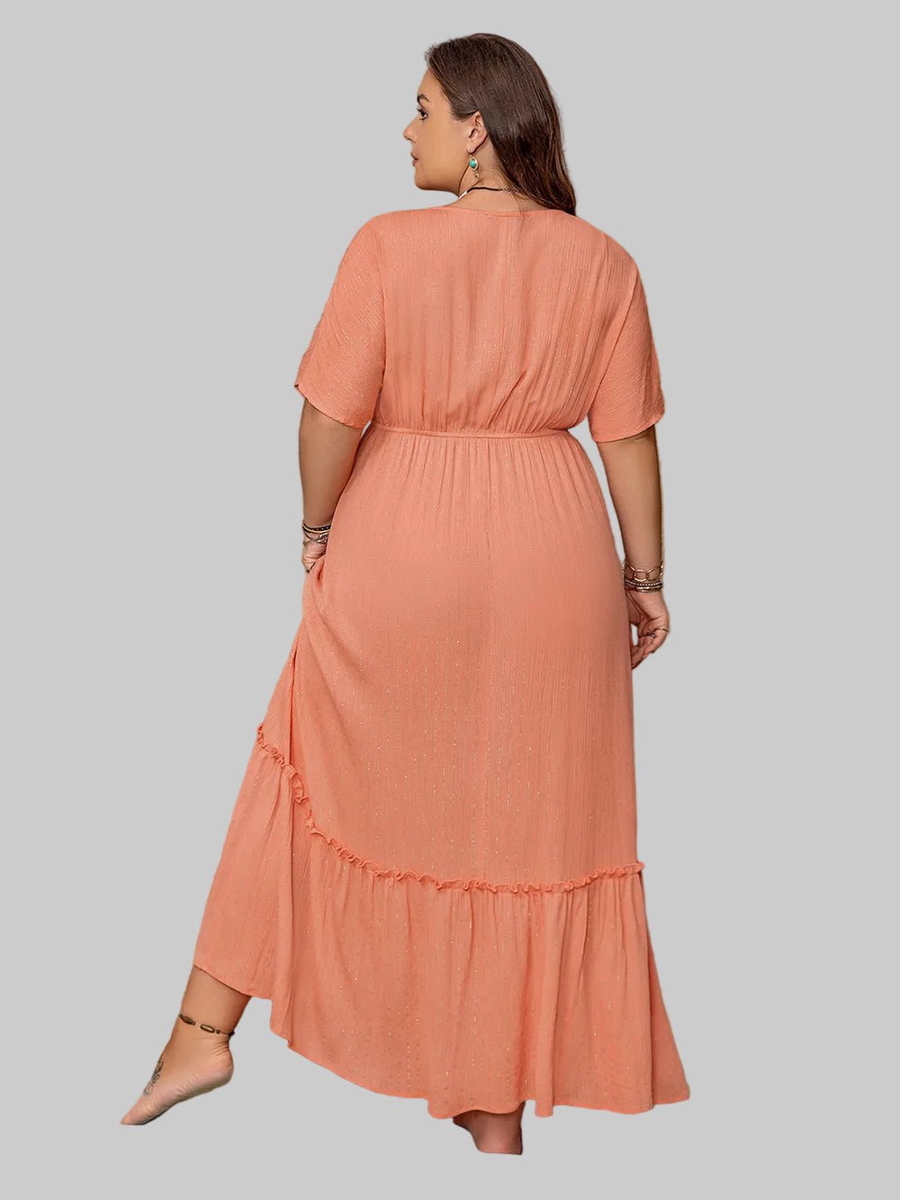 Plus Size Frill Embroidered V - Neck Half Sleeve Maxi Dress|JSandi - Jsandiclothing.com