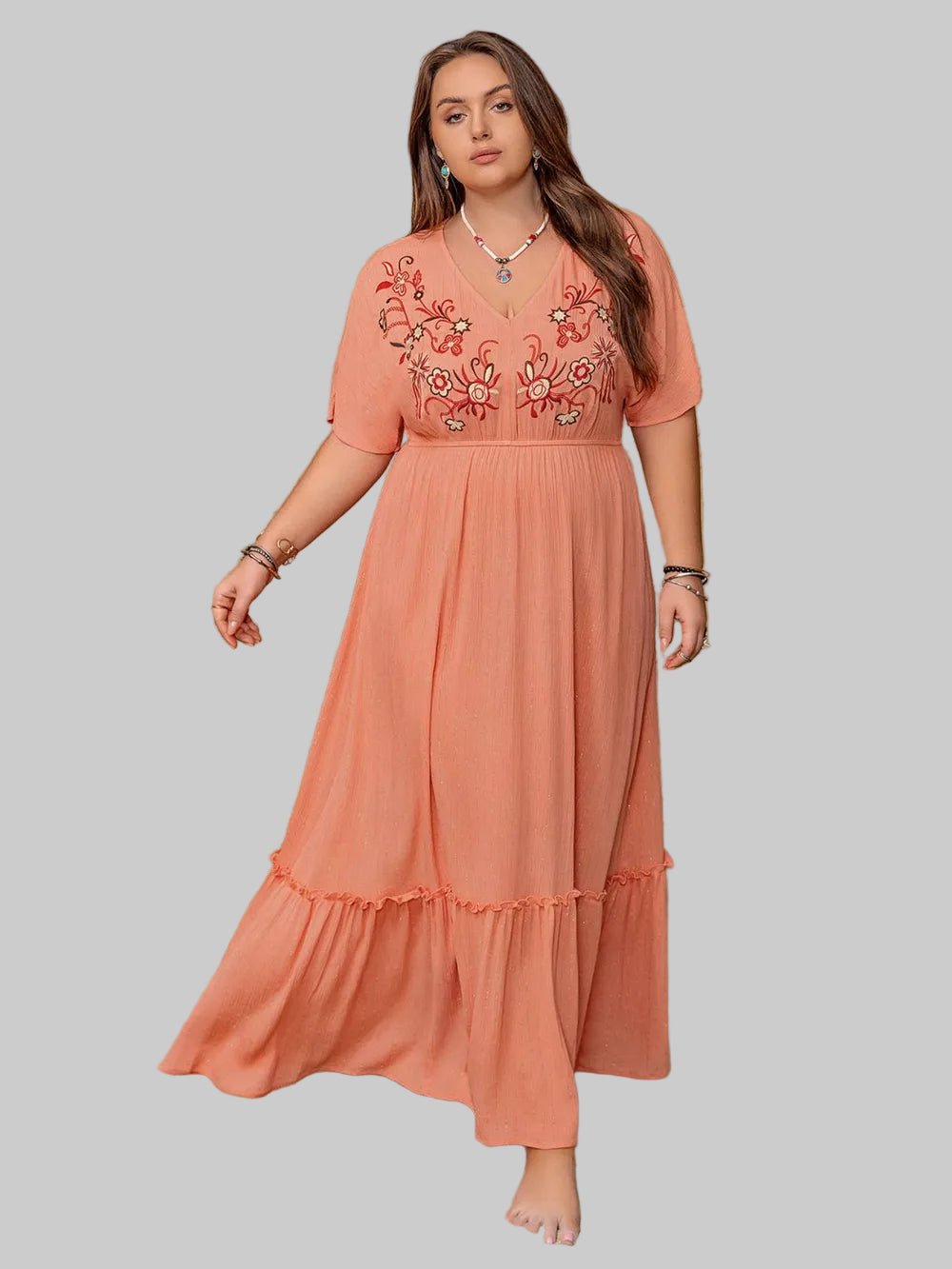 Plus Size Frill Embroidered V - Neck Half Sleeve Maxi Dress|JSandi - Jsandiclothing.com