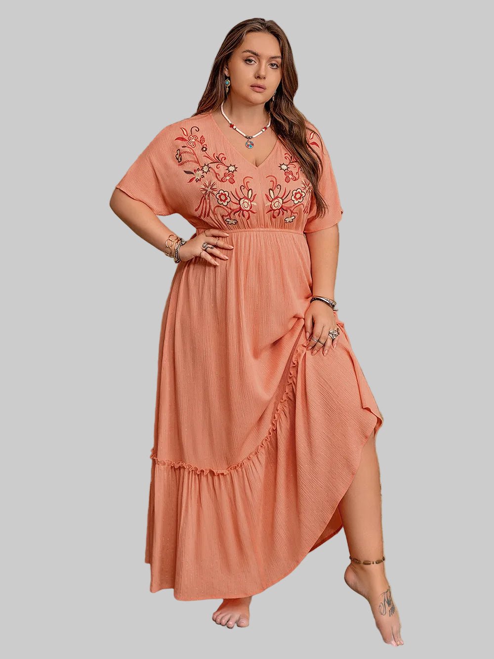 Plus Size Frill Embroidered V - Neck Half Sleeve Maxi Dress|JSandi - Jsandiclothing.com