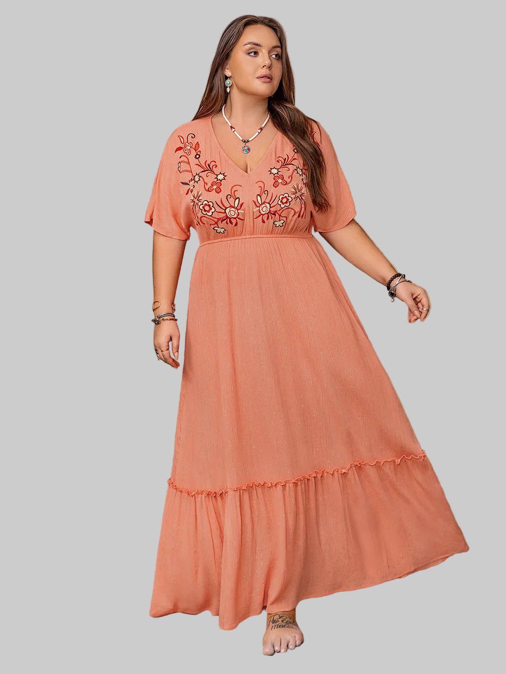 Plus Size Frill Embroidered V - Neck Half Sleeve Maxi Dress|JSandi - Jsandiclothing.com
