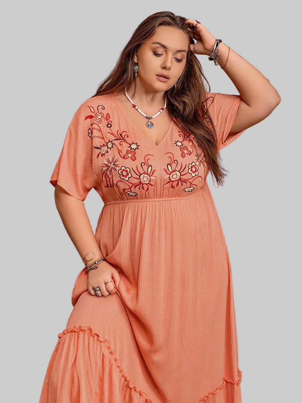 Plus Size Frill Embroidered V - Neck Half Sleeve Maxi Dress|JSandi - Jsandiclothing.com