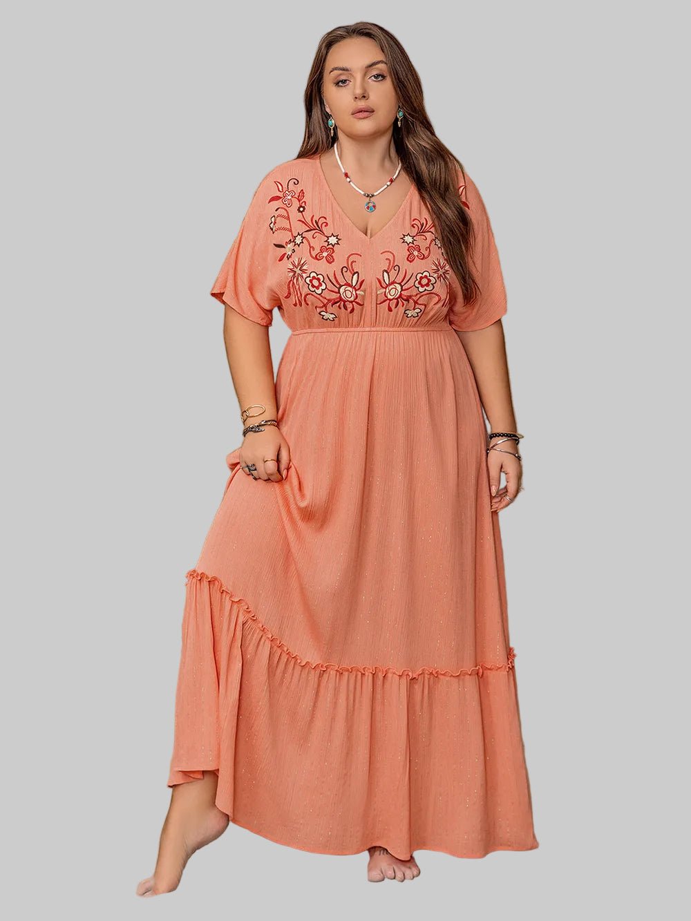 Plus Size Frill Embroidered V - Neck Half Sleeve Maxi Dress|JSandi - Jsandiclothing.com