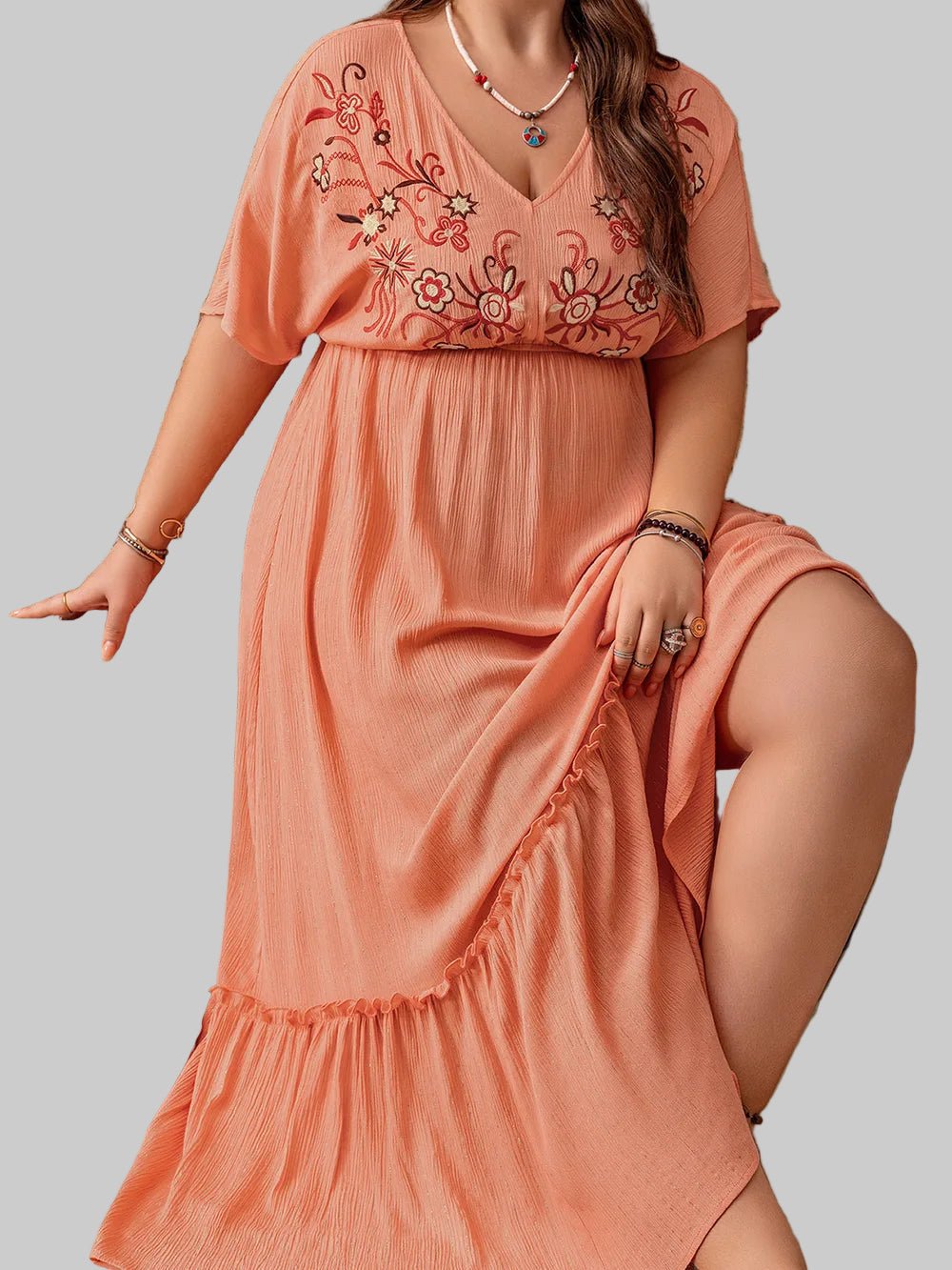 Plus Size Frill Embroidered V - Neck Half Sleeve Maxi Dress|JSandi - Jsandiclothing.com