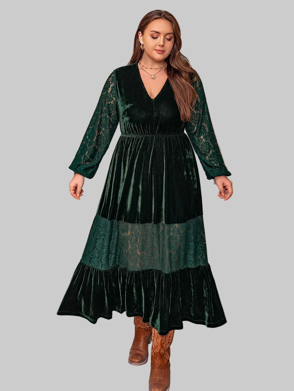 Plus Size Lace Patchwork V - Neck Balloon Sleeve Midi Dress - Jsandiclothing.com