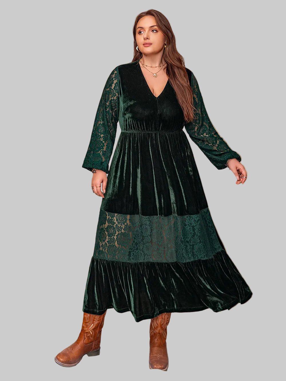 Plus Size Lace Patchwork V - Neck Balloon Sleeve Midi Dress - Jsandiclothing.com