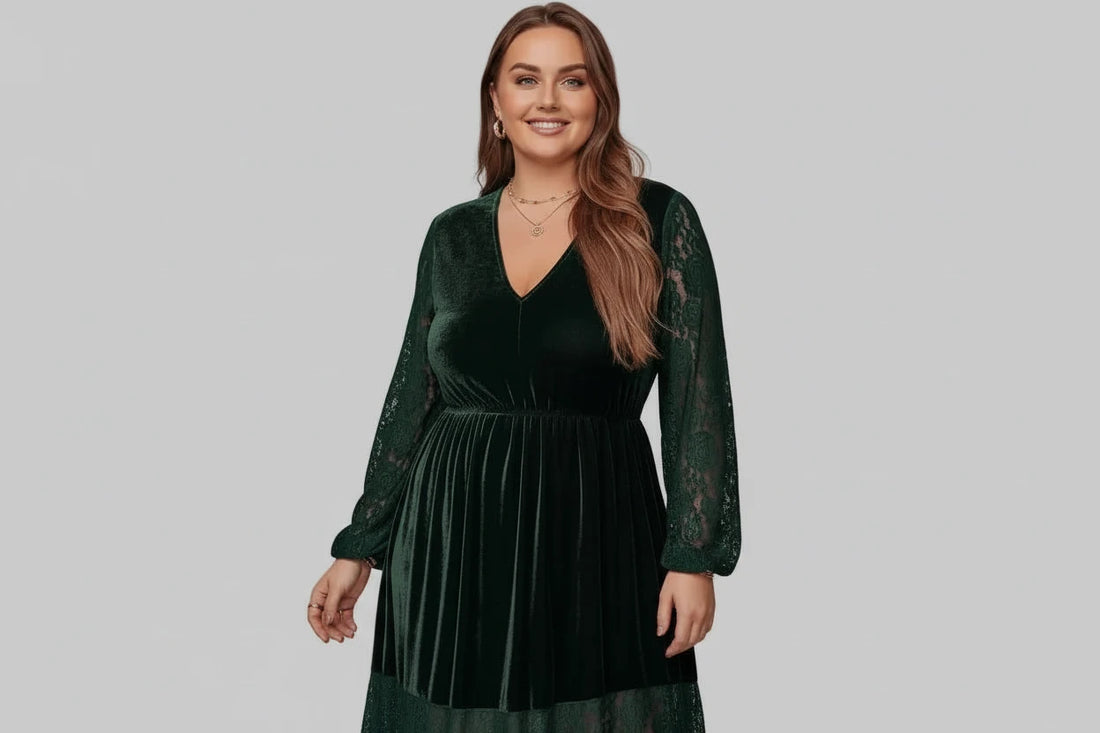 Plus Size Lace Patchwork V - Neck Balloon Sleeve Midi Dress - Jsandiclothing.com