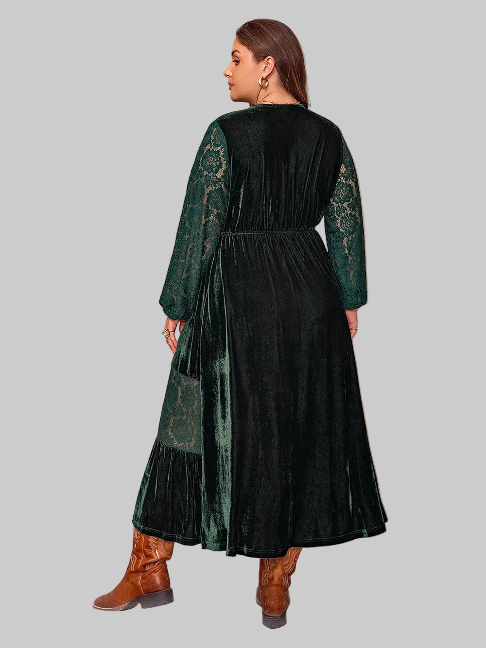 Plus Size Lace Patchwork V - Neck Balloon Sleeve Midi Dress - Jsandiclothing.com