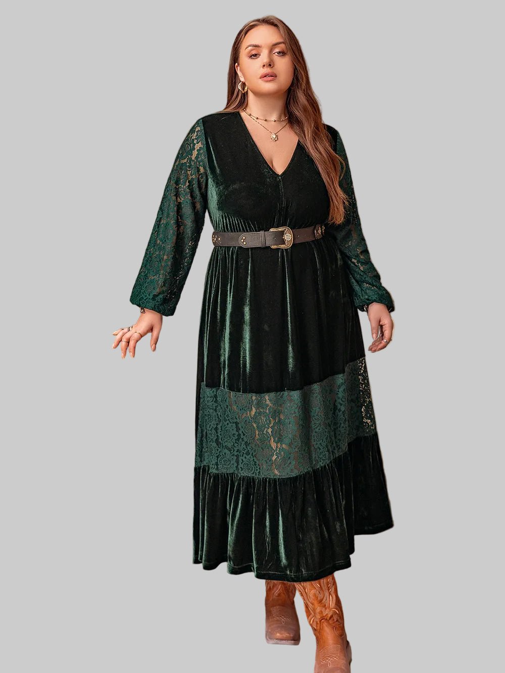 Plus Size Lace Patchwork V - Neck Balloon Sleeve Midi Dress - Jsandiclothing.com