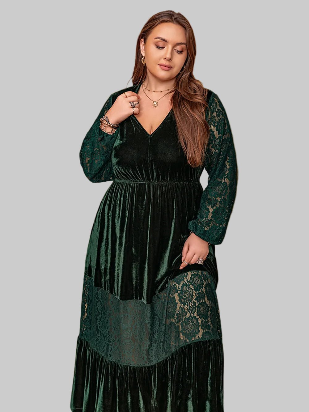 Plus Size Lace Patchwork V - Neck Balloon Sleeve Midi Dress - Jsandiclothing.com
