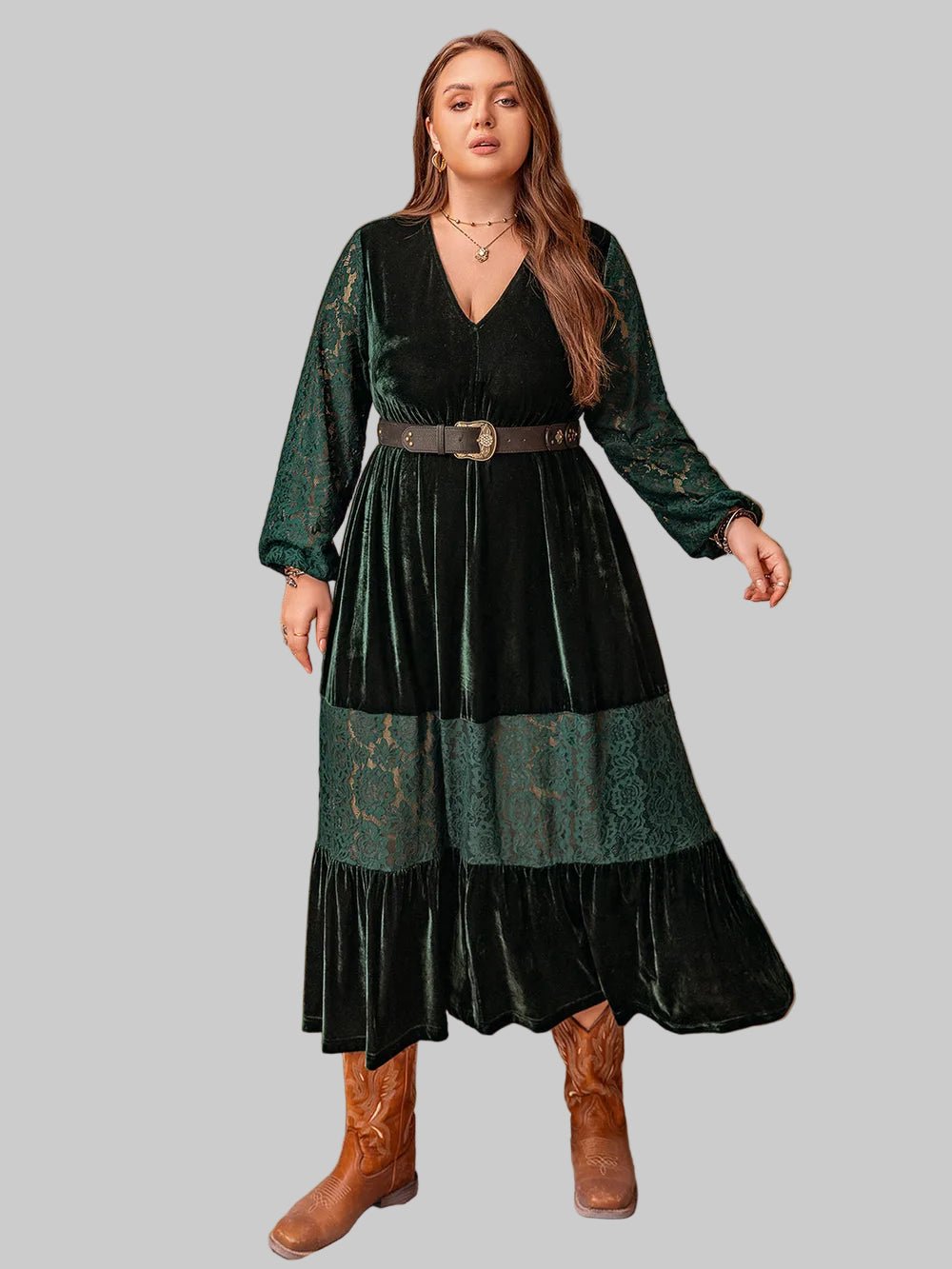 Plus Size Lace Patchwork V - Neck Balloon Sleeve Midi Dress - Jsandiclothing.com