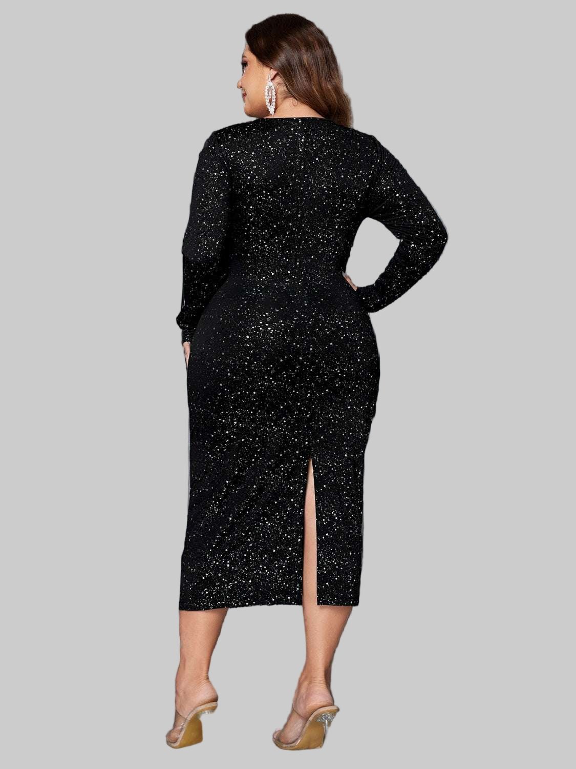 Plus Size Long Sleeve Honey Cutout Slit Round Neck Chic Dress - Jsandiclothing.com
