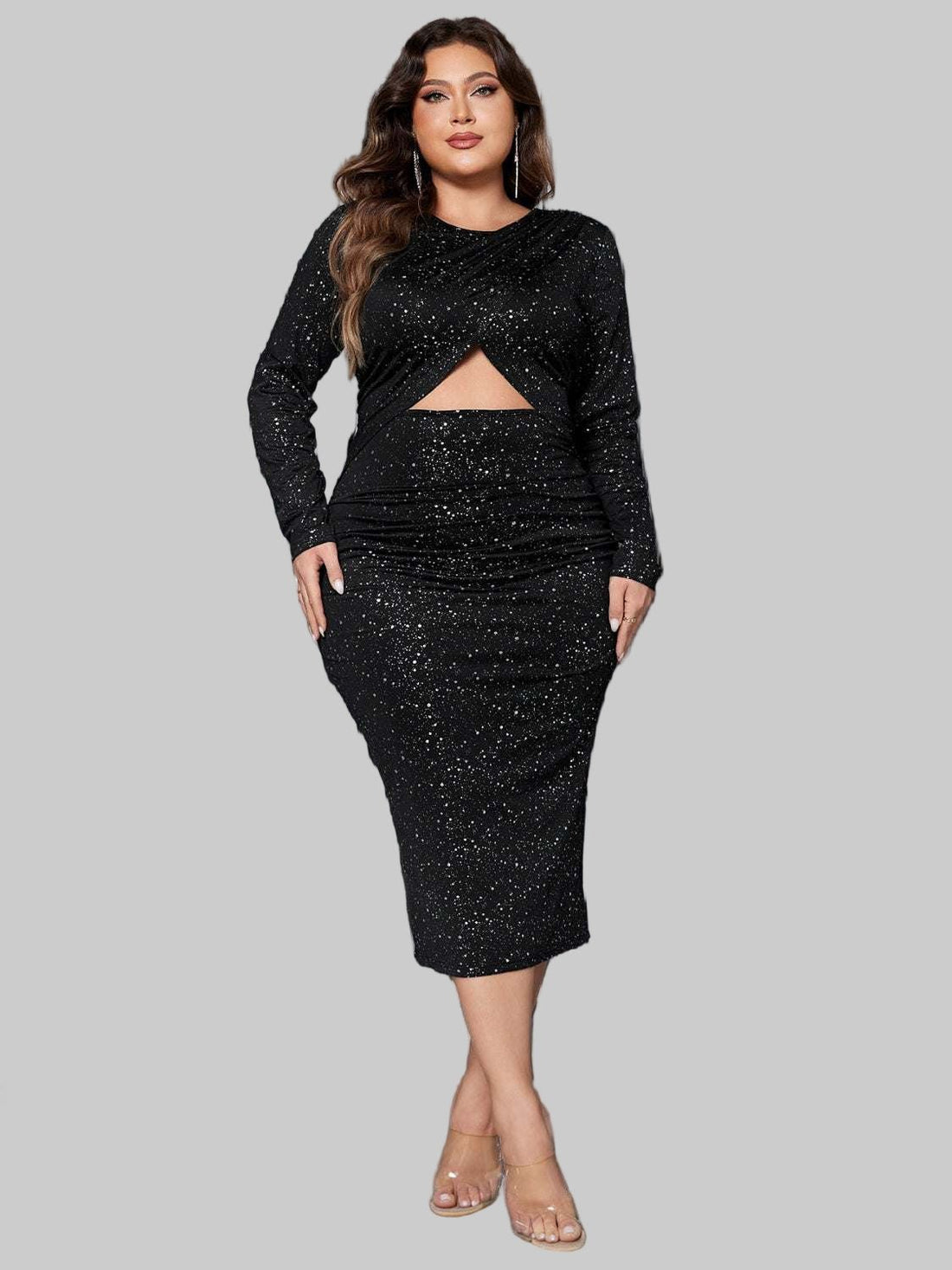 Plus Size Long Sleeve Honey Cutout Slit Round Neck Chic Dress - Jsandiclothing.com