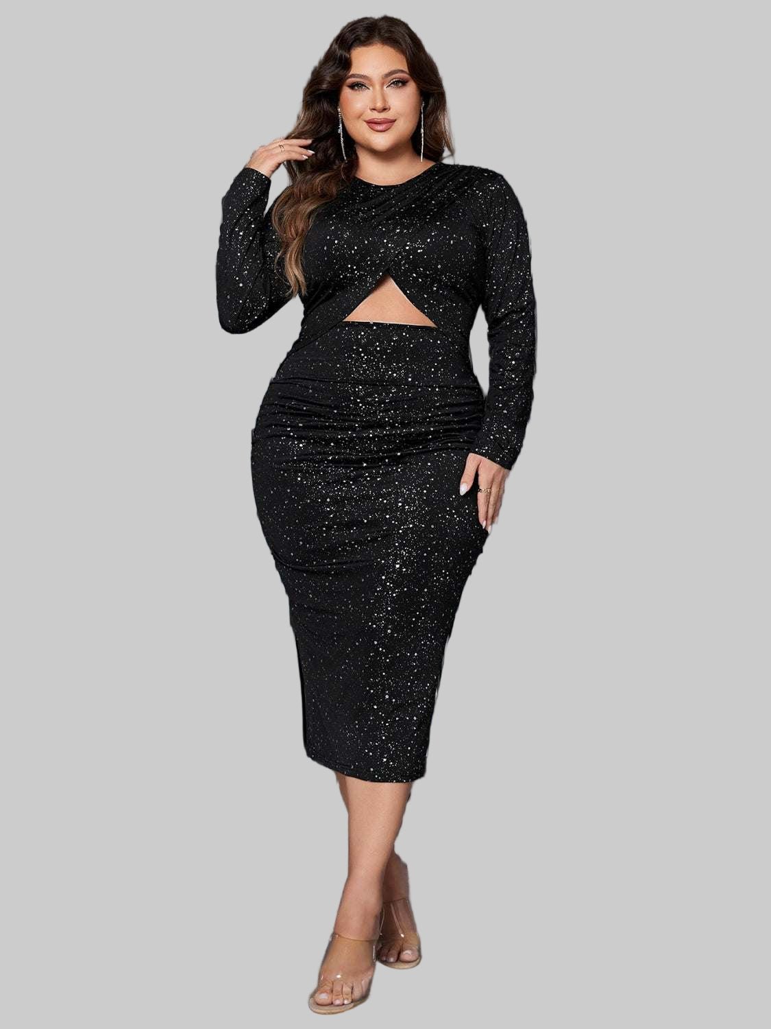 Plus Size Long Sleeve Honey Cutout Slit Round Neck Chic Dress - Jsandiclothing.com