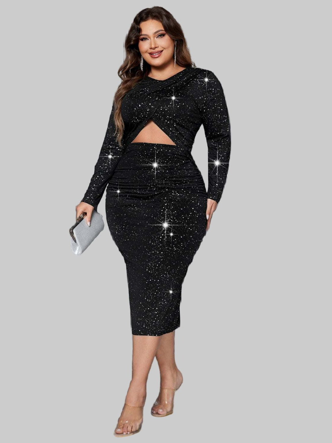 Plus Size Long Sleeve Honey Cutout Slit Round Neck Chic Dress - Jsandiclothing.com