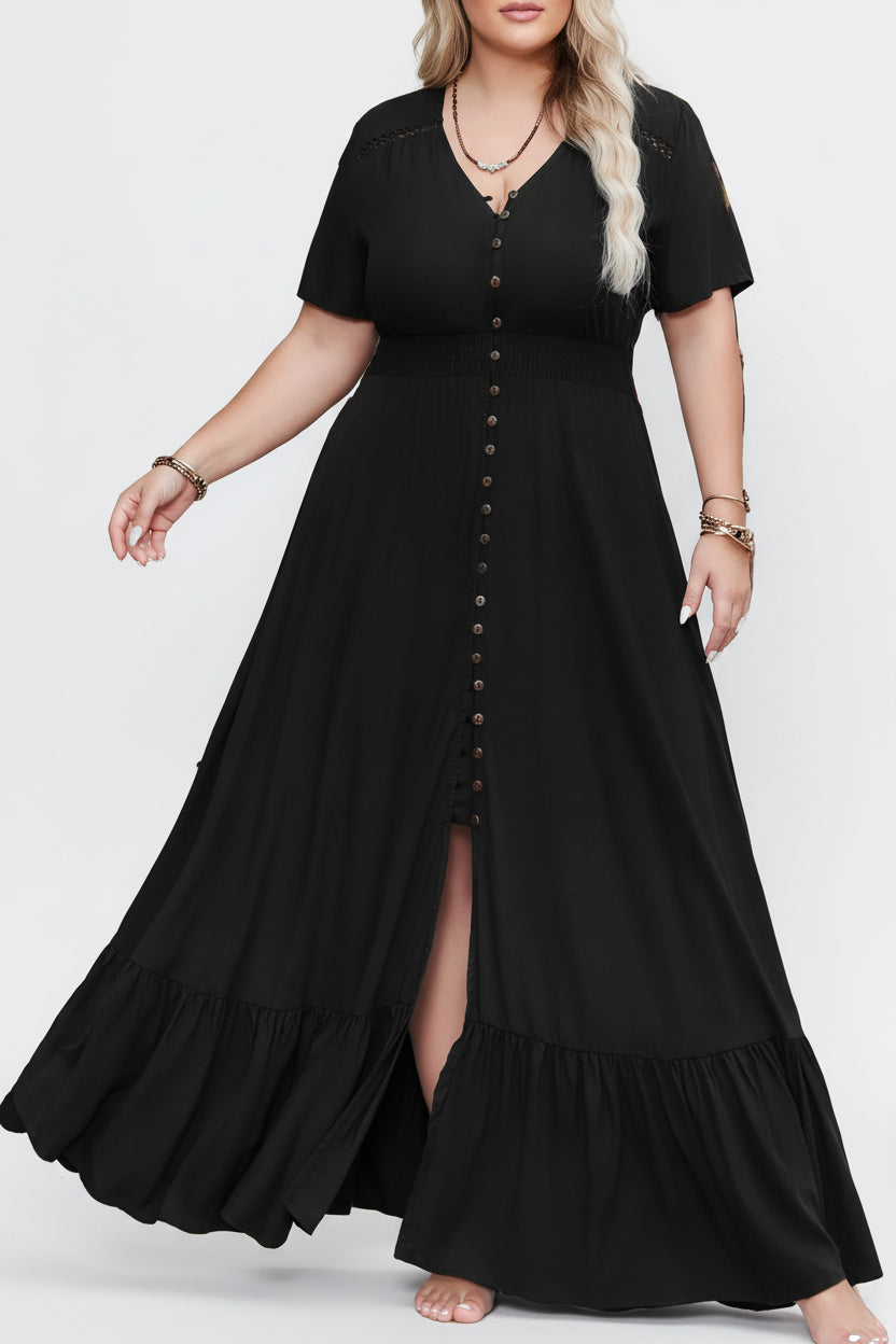 Plus Size Ruffled Hem Button Down V - Neck Short Sleeve Maxi Dress - Jsandiclothing.com