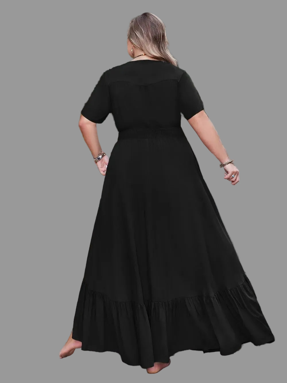 Plus Size Ruffled Hem Button Down V - Neck Short Sleeve Maxi Dress - Jsandiclothing.com