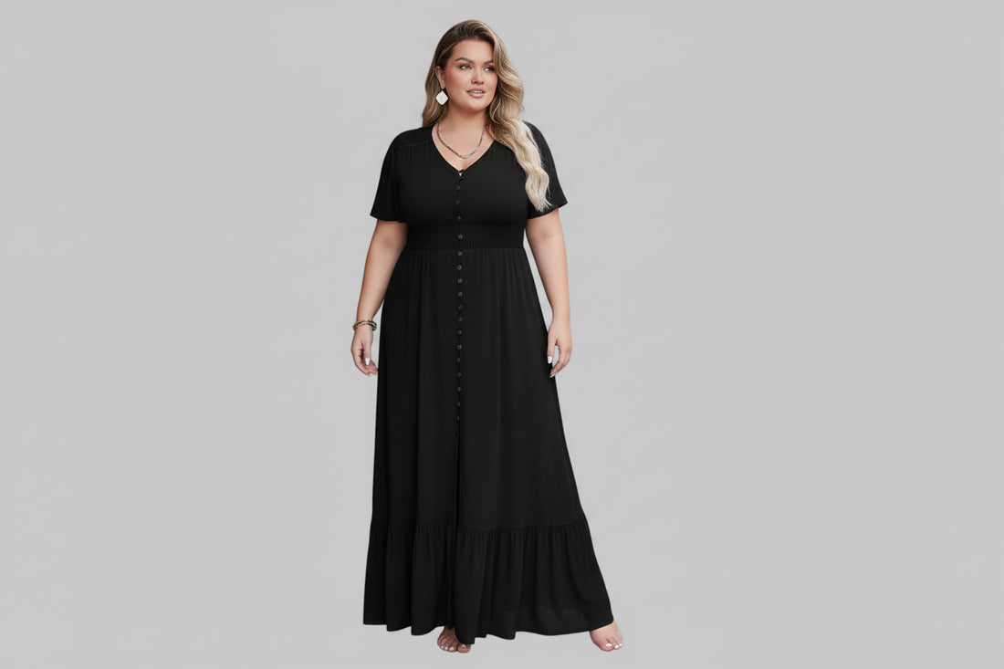 Plus Size Ruffled Hem Button Down V - Neck Short Sleeve Maxi Dress - Jsandiclothing.com