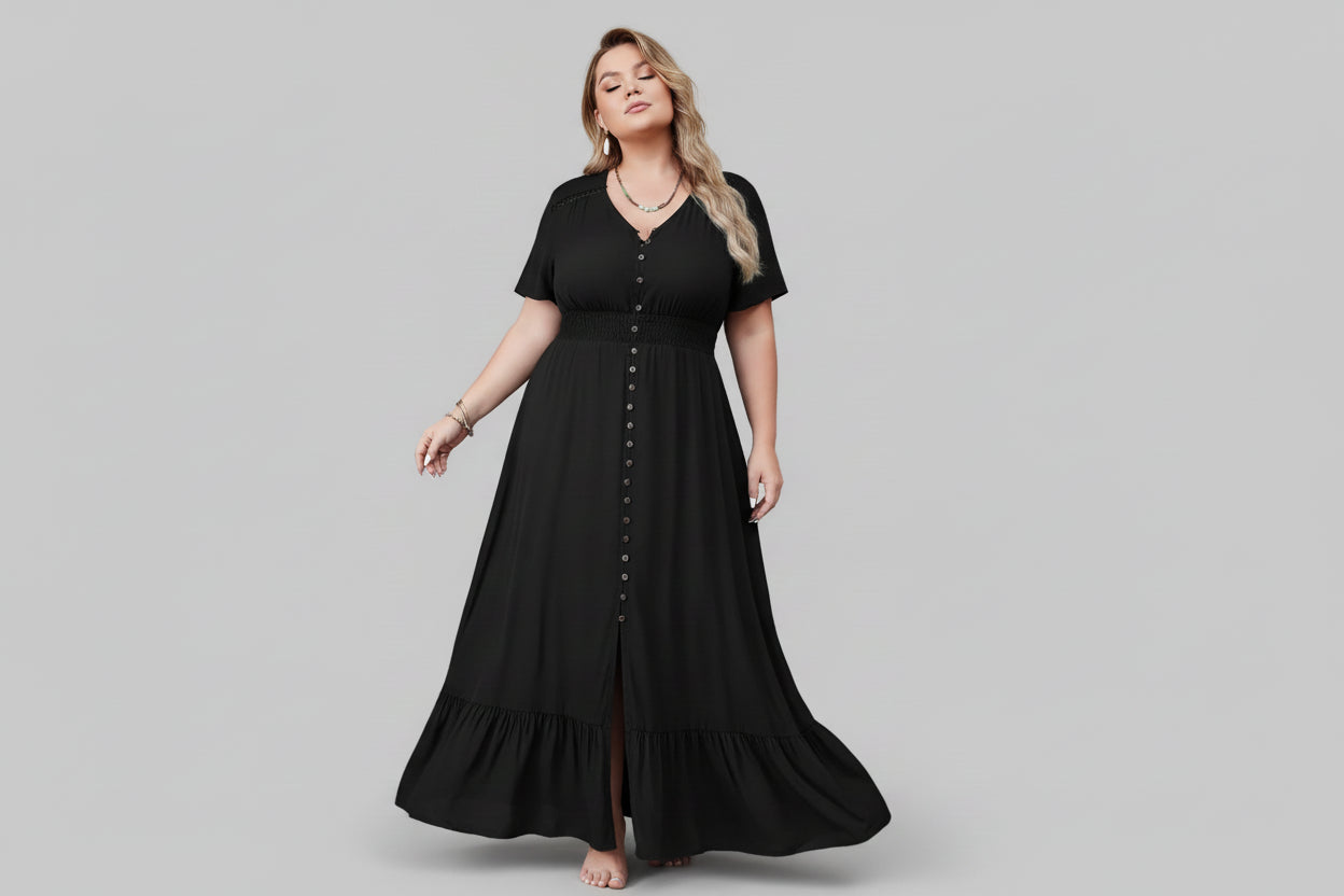Plus Size Ruffled Hem Button Down V - Neck Short Sleeve Maxi Dress - Jsandiclothing.com