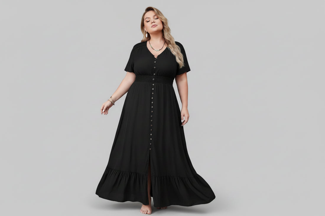 Plus Size Ruffled Hem Button Down V - Neck Short Sleeve Maxi Dress - Jsandiclothing.com