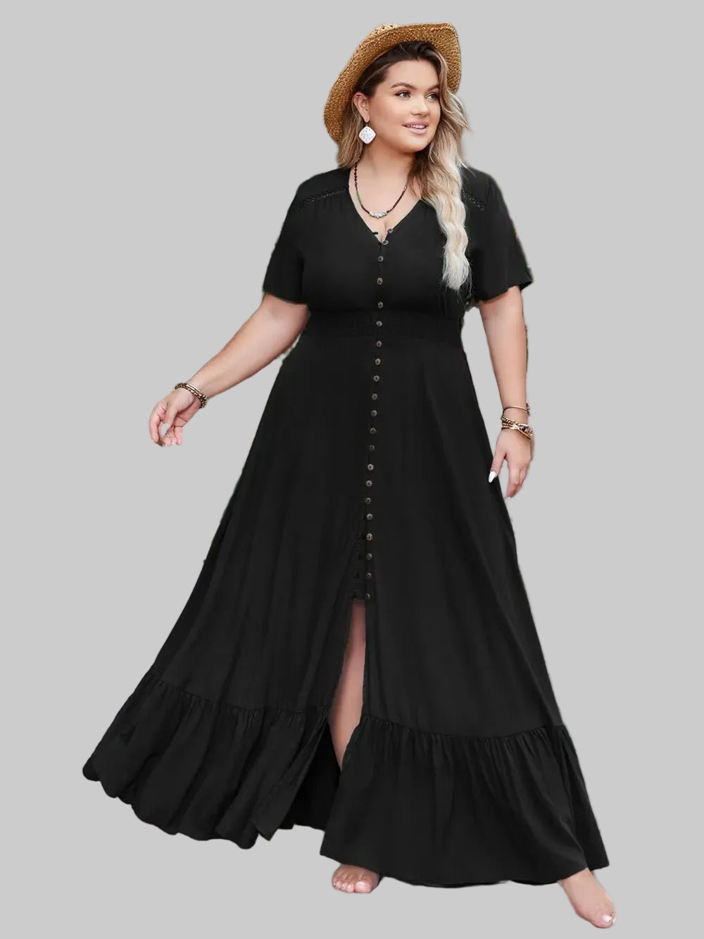 Plus Size Ruffled Hem Button Down V - Neck Short Sleeve Maxi Dress - Jsandiclothing.com