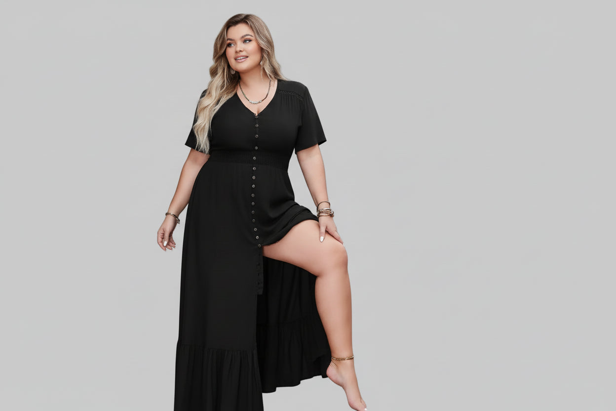 Plus Size Ruffled Hem Button Down V - Neck Short Sleeve Maxi Dress - Jsandiclothing.com
