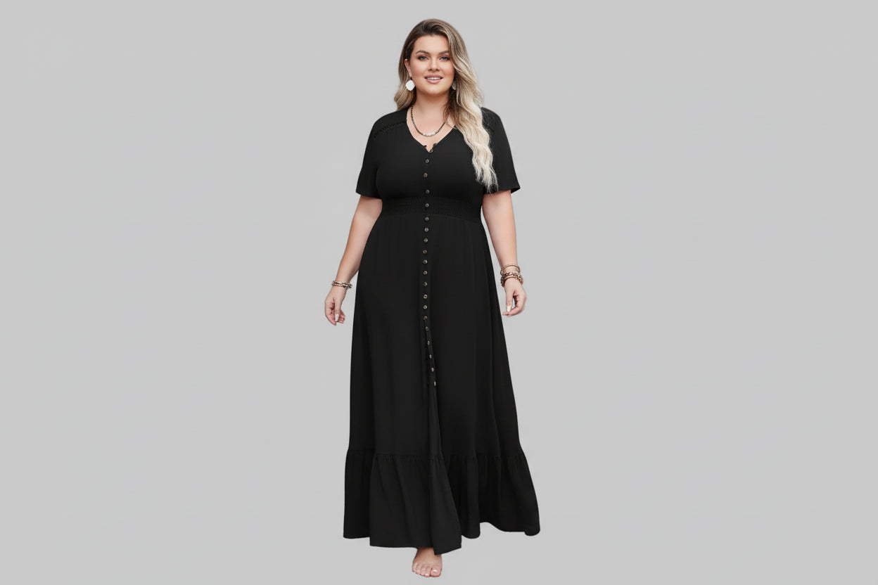 Plus Size Ruffled Hem Button Down V - Neck Short Sleeve Maxi Dress - Jsandiclothing.com