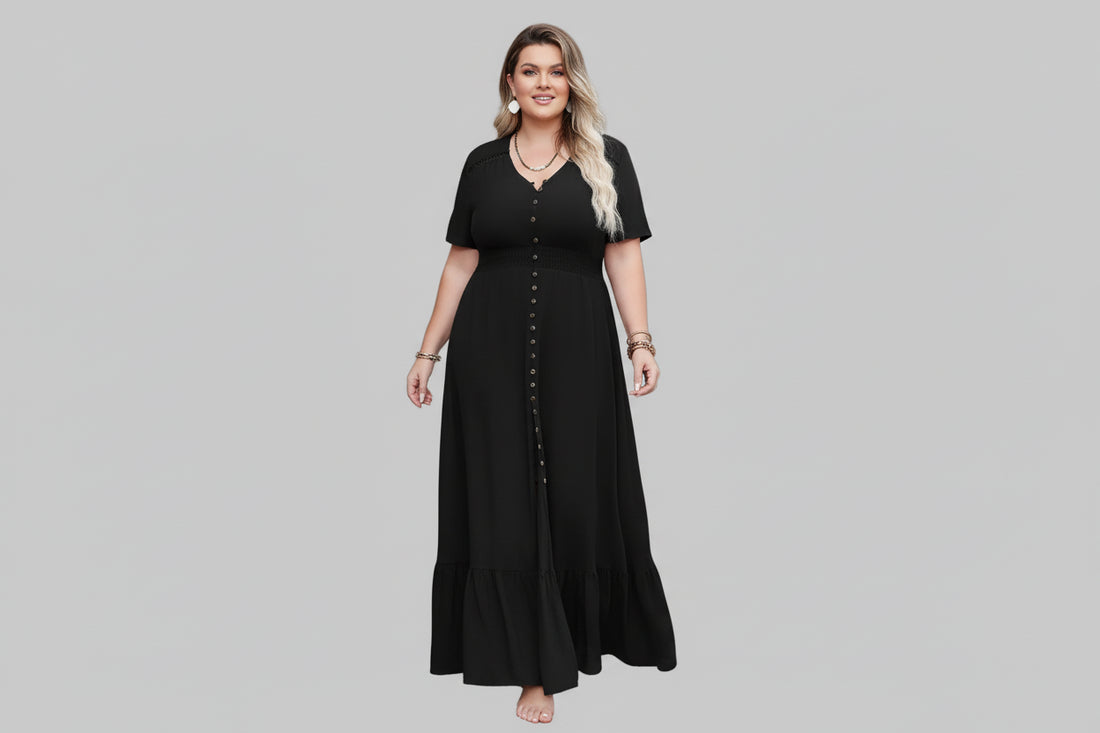 Plus Size Ruffled Hem Button Down V - Neck Short Sleeve Maxi Dress - Jsandiclothing.com