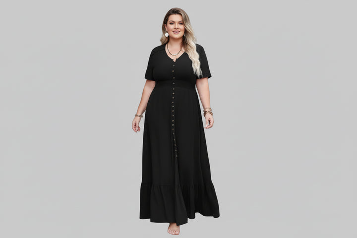 Plus Size Ruffled Hem Button Down V - Neck Short Sleeve Maxi Dress - Jsandiclothing.com